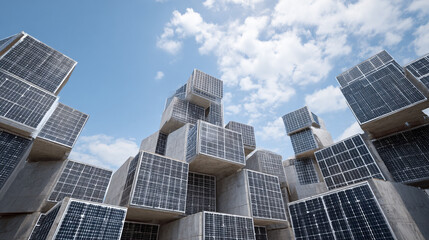 Fototapeta premium Futuristic solar energy city cubes stacked high reaching for the sky under a bright blue sky
