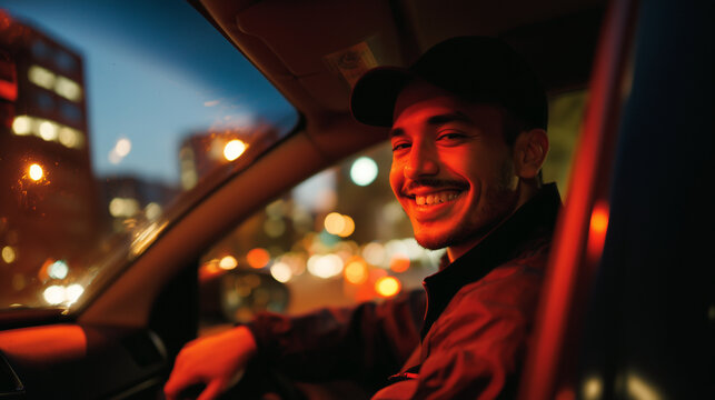 Young man smiling while driving car at night