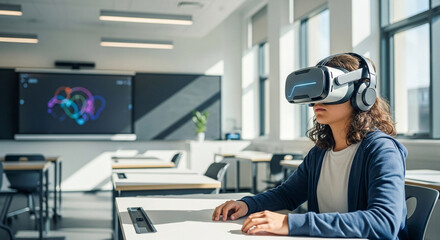 A student wearing a virtual reality headset and headphones in a bright modern classroom. Innovative educational technology and immersive learning experience concept.