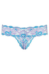 Thong underwear with lace detailing in shades of blue and purple