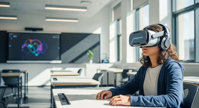 A student wearing a virtual reality headset and headphones in a bright modern classroom. Innovative educational technology and immersive learning experience concept. - Powered by Adobe