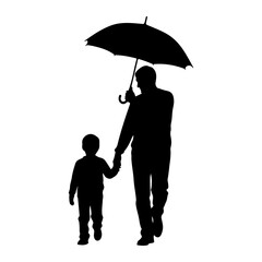 Father and child walking under umbrella holding hands