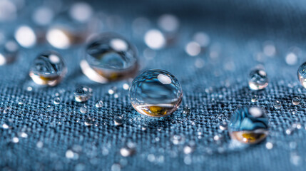 Water droplets on textured blue fabric close up macro shot showing water repellency