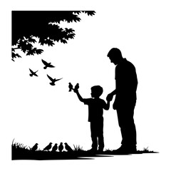 Father and son feeding birds under tree vector