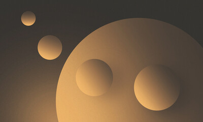 Abstract cosmic background with gradient spheres resembling planets. Gray, gold, beige tones. Minimal futuristic design creative project. Depth, contrast minimalist aesthetics in wide banner.