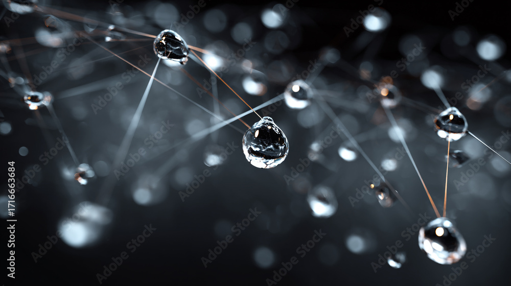 Poster water droplets connected by thin lines forming a network against a dark background