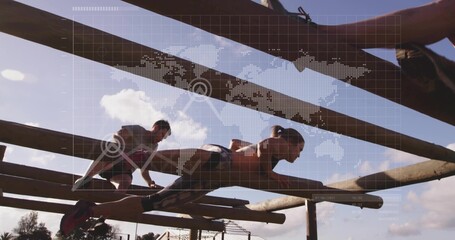 Balancing female athlete traversing wooden beams on obstacle course with digital grid overlay