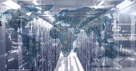 Streaming world map overlay floating through data center corridor, with server racks and data nodes