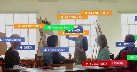 Naklejka premium Guiding instructor leading painting class in art studio, with easels, table, notification banners