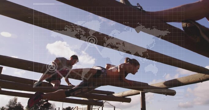 Balancing female athlete traversing wooden beams on obstacle course with digital grid overlay