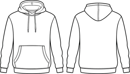 Front and back technical sketch of hooded sweatshirt with kangaroo pocket, fashion vectorFront and back technical sketch of hooded sweatshirt with kangaroo pocket, fashion vector