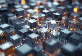Obraz premium A close-up view of numerous translucent cubes, arranged in a grid pattern, with warm-toned interior light highlights.