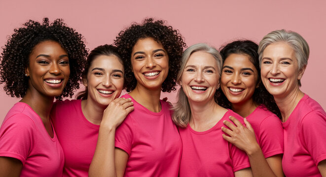 Diverse group of women of all ages and ethnicities smiling joyfully together, united in shared strength and positive spirit wearing matching pink tops