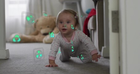 Crawling blonde infant wearing pink pajamas in hallway, with teddy bear and green recycling icons