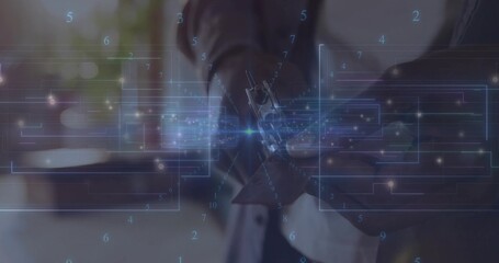 Holding smartphone business professional showing hologram interface in modern office, data streams