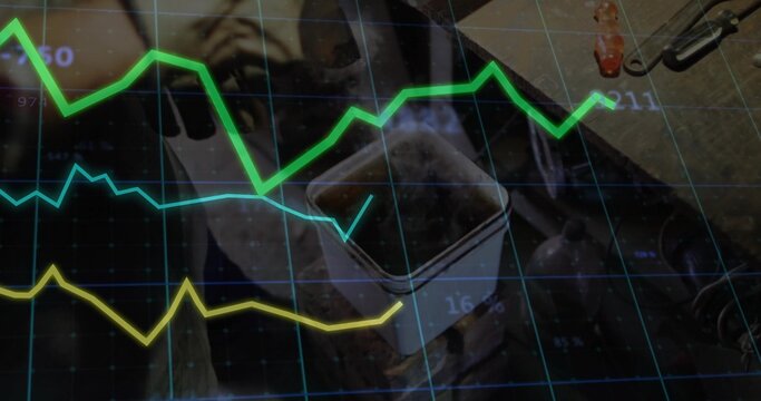 Showing metal container on workbench, with carabiner clip, plier-style clamp and line graph overlay