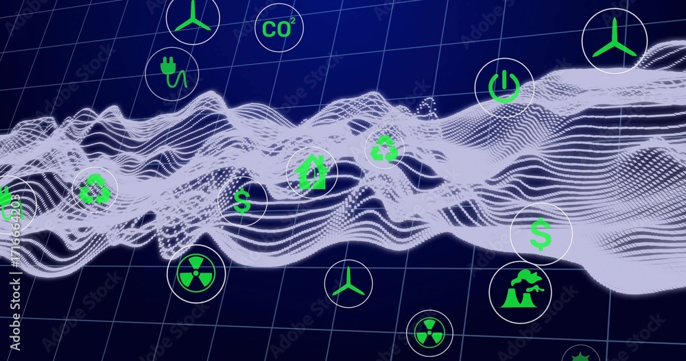 Poster displaying data flowing on dark blue digital grid with green icons showing energy and eco symbols