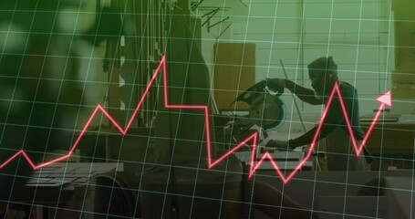 Cutting board with miter saw, woodworker wearing earmuffs goggles apron at workbench copy space