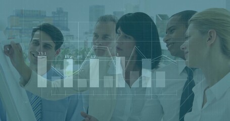 Collaborating professionals in suits analyzing data on flip chart in office, with graph overlay