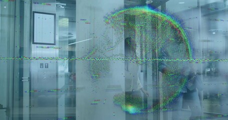 Waiting colleagues wearing business attire at glass turnstiles in lobby, glitch overlay, copy space