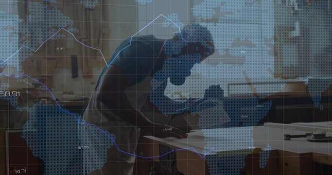 Measuring craftsman in apron drawing blueprint using ruler and pencil at woodshop, digital overlay