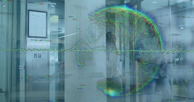 Waiting colleagues wearing business attire at glass turnstiles in lobby, glitch overlay, copy space