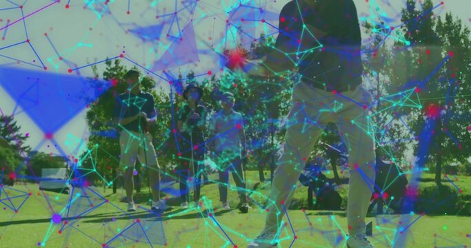 Swinging mature golfer preparing shot with club on course tee box, with digital overlay, copy space - Powered by Adobe