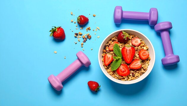 A bowl of wholesome granola with fresh strawberries and mint sits atop a vibrant blue surface, alongside pink dumbbells, promoting a healthy lifestyle.