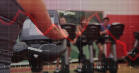 Adult female torso arms gripping treadmill rails in gym, with LED red line overlay, copy space