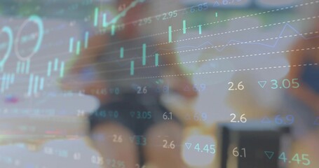 Male analyst silhouette studying financial data at office desk, with candlestick chart overlays