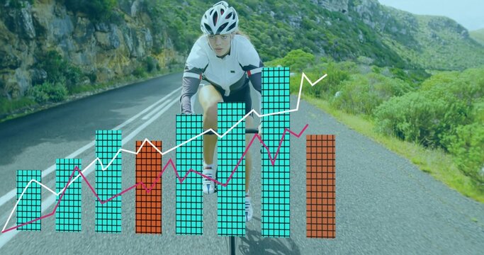 Cycling woman wearing white helmet and eyewear pedaling along winding mountain road, data overlay - Powered by Adobe