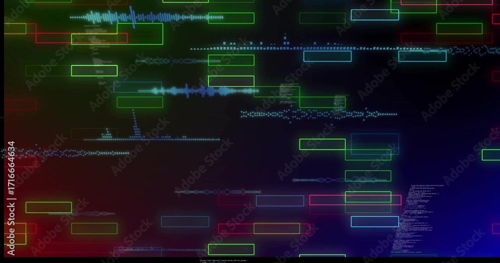 Aufkleber displaying data visualization on dark gradient backdrop, showing neon rectangles and waveforms