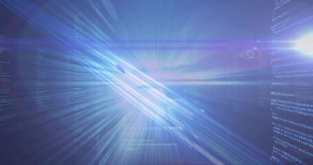 Radiating glowing core emitting blue purple beams in digital interface, with code panels and flares