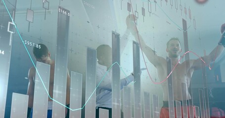 Boxers adjusting gloves, shorts beside exec analyzing charts graphs with stock overlays in gym