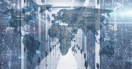 Translucent world map floating across data center corridor, with network nodes and server racks