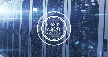 Displaying server cabinets showing network modules in data center corridor, with circular overlay