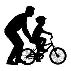 Fototapeta premium Father teaches child to ride bicycle riding learning