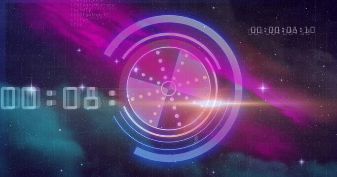 Naklejki Displaying HUD overlaying nebula, with grid ring segments digital timers lens flare star sparkles