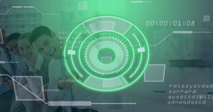 Leaning six professionals smiling in office, with green HUD graphic code snippets timer, copy space