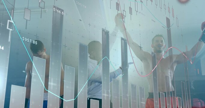 Boxers adjusting gloves, shorts beside exec analyzing charts graphs with stock overlays in gym