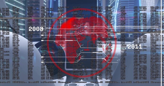 Displaying futuristic heads-up display showing red world map with code overlay in vehicle console