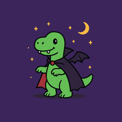 Cute cartoon T-Rex dressed as a vampire with a black cape and tiny bat wings, smiling with small fangs