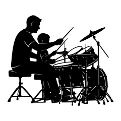 Father teaching son to play drums drum set