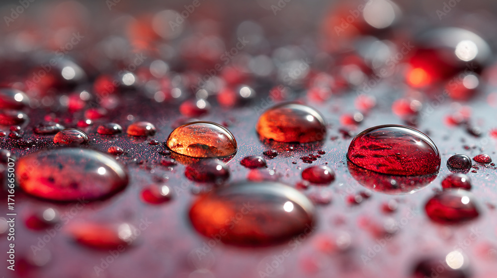Poster red water droplets on a shiny surface reflecting light and creating a beautiful abstract pattern