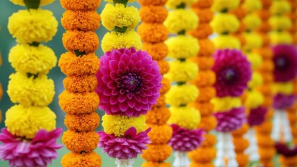 Closeup of vibrant marigold garlands, a traditional indian decoration, featuring yellow and orange flowers with pops of pink dahlias for cultural events ai generated vedio - Powered by Adobe