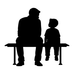 Man and boy silhouette on bench sitting