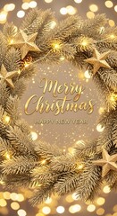Golden Christmas wreath with stars and lights Merry Christmas Happy New Year text