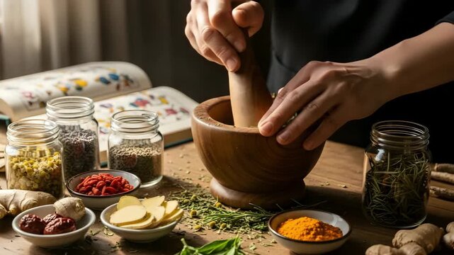 Hands grind herbs in a mortar and pestle surrounded by natural remedies and ingredients