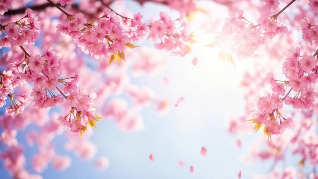 A dreamy scene of cherry blossoms in full bloom against a blue sky, with petals falling gently, creating a serene and romantic atmosphere in springtime ai generated vedio