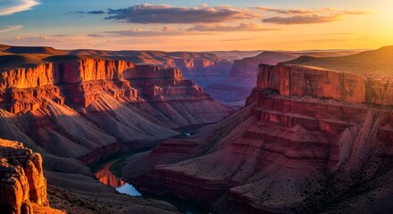 Vast red rock canyon landscape illuminated by golden sunrise light with river below